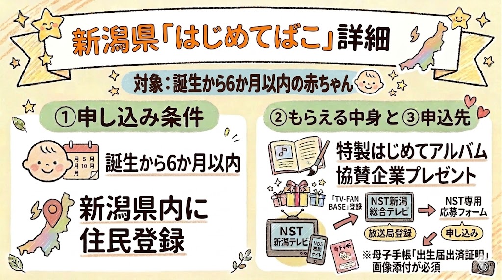 新潟県版「はじめてばこ」の詳細図解。誕生から6ヶ月以内を対象とした申し込み条件ともらえる中身