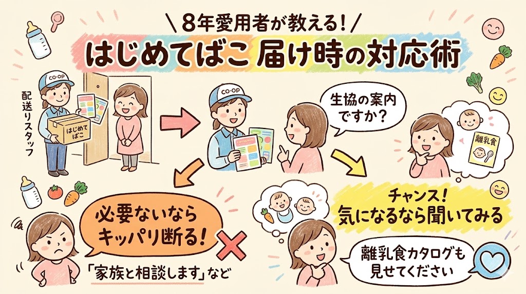 コープデリ愛用歴8年の筆者が教える、はじめてばこお届け時の対応術。不要な場合のキッパリとした断り方と、離乳食カタログをもらうチャンスとしての活用法