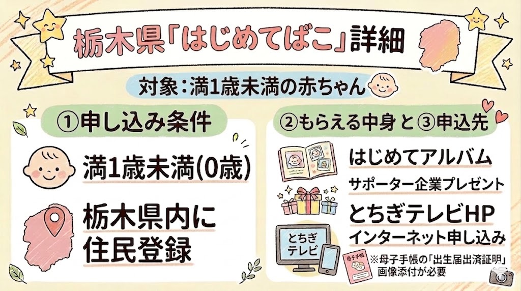 栃木県版「はじめてばこ」の詳細図解。満1歳未満（0歳）を対象とした申し込み条件ともらえる中身