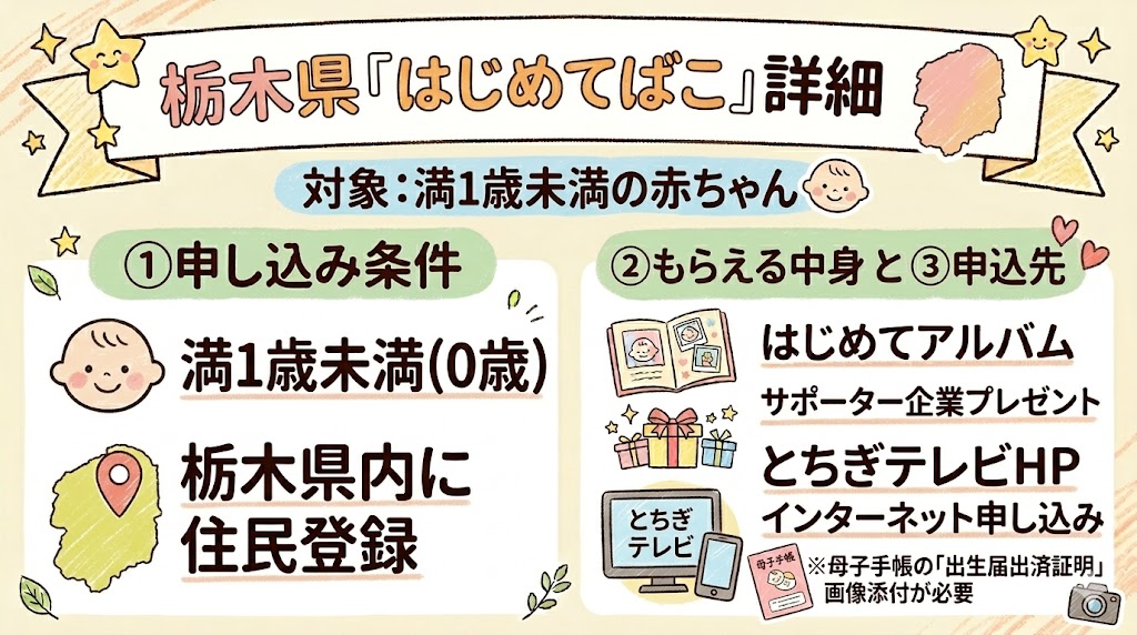 栃木県版「はじめてばこ」の詳細図解。満1歳未満(0歳)を対象とした申し込み条件ともらえる中身