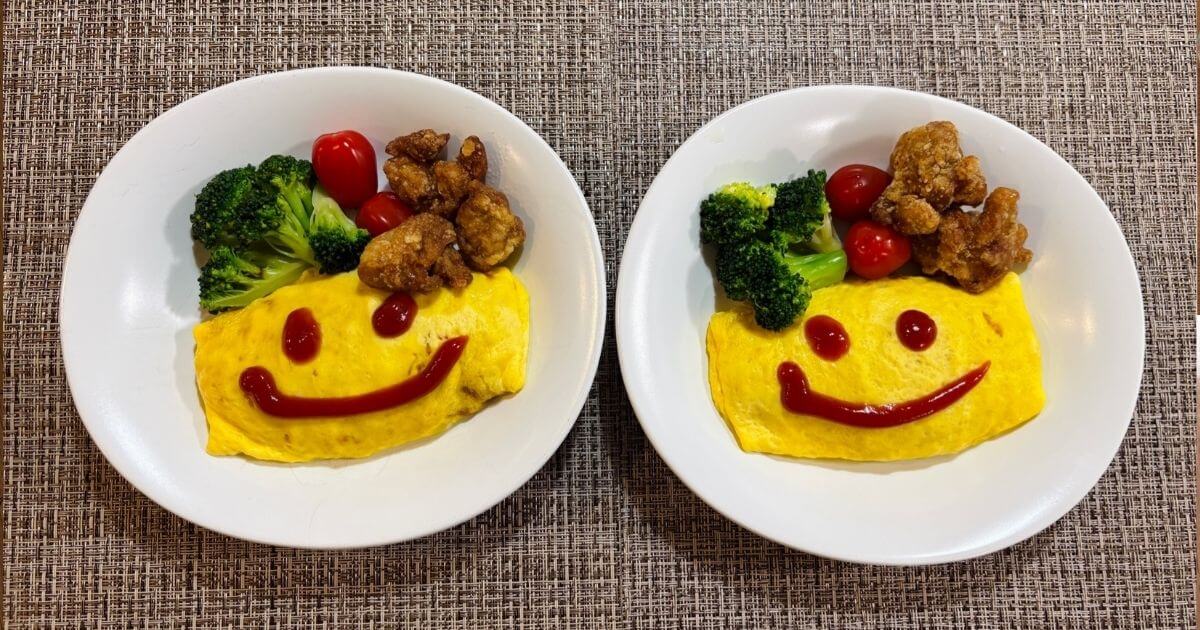 オムライス＆唐揚げプレートに冷凍ブロッコリーとミニトマトを追加