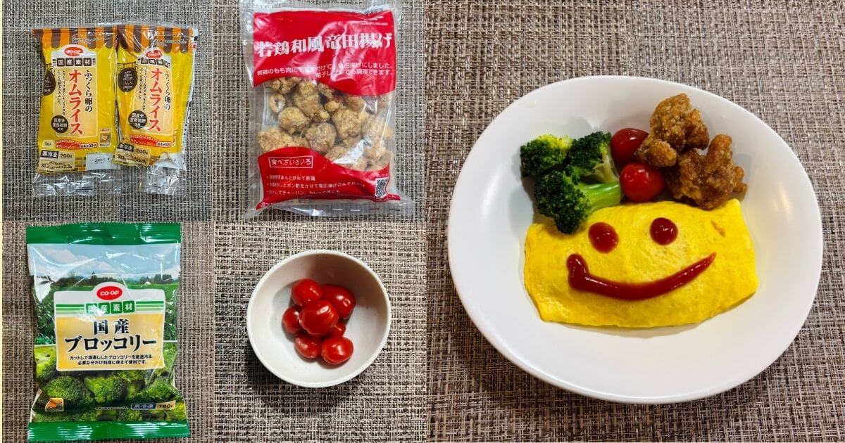 オムライス＆唐揚げプレートに使った商品と食材の写真