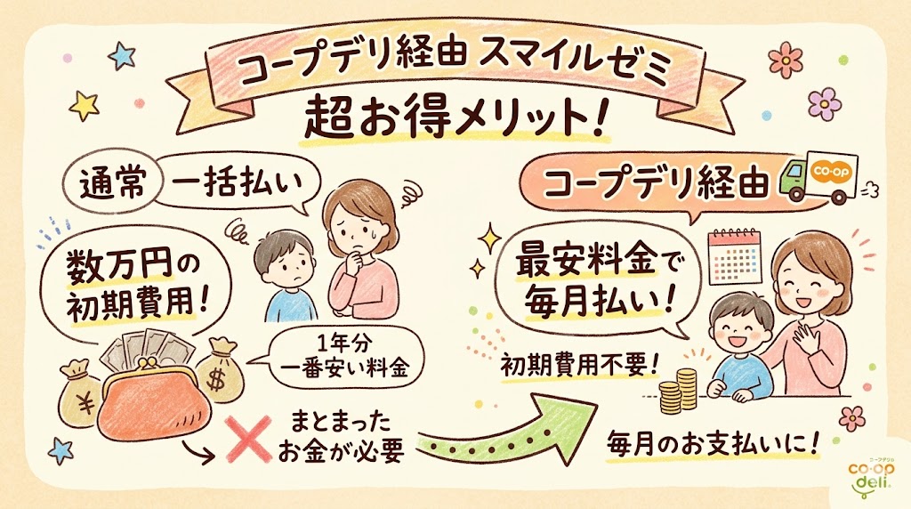 コープデリ経由でスマイルゼミを利用する際の支払いメリットの図解。通常は数万円の初期費用が必要な一括払いになるが、コープデリ経由なら最安料金のまま初期費用不要の毎月払いになることを説明している。
