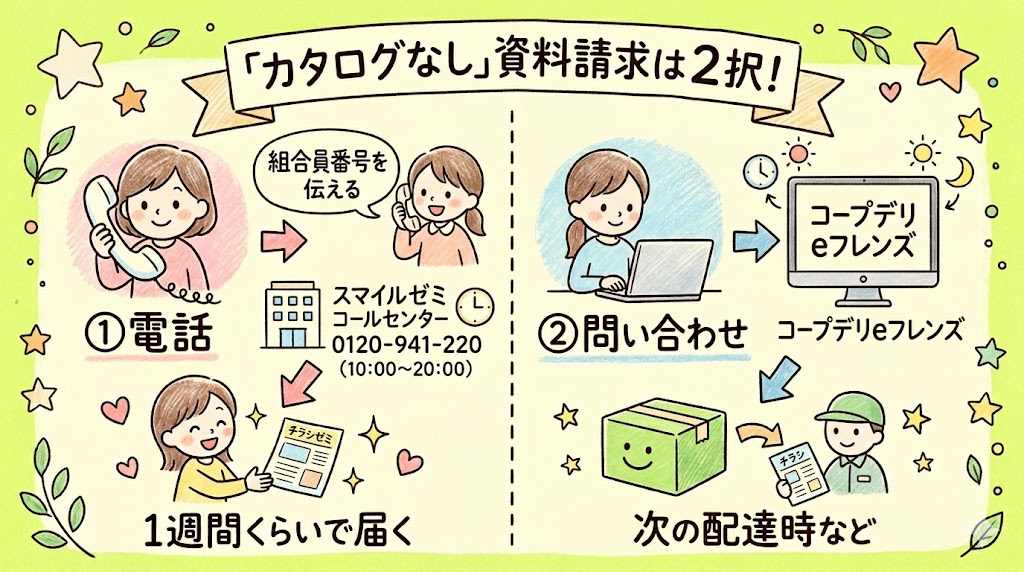 コープデリとスマイルゼミそれぞれの窓口からの資料請求方法の比較図