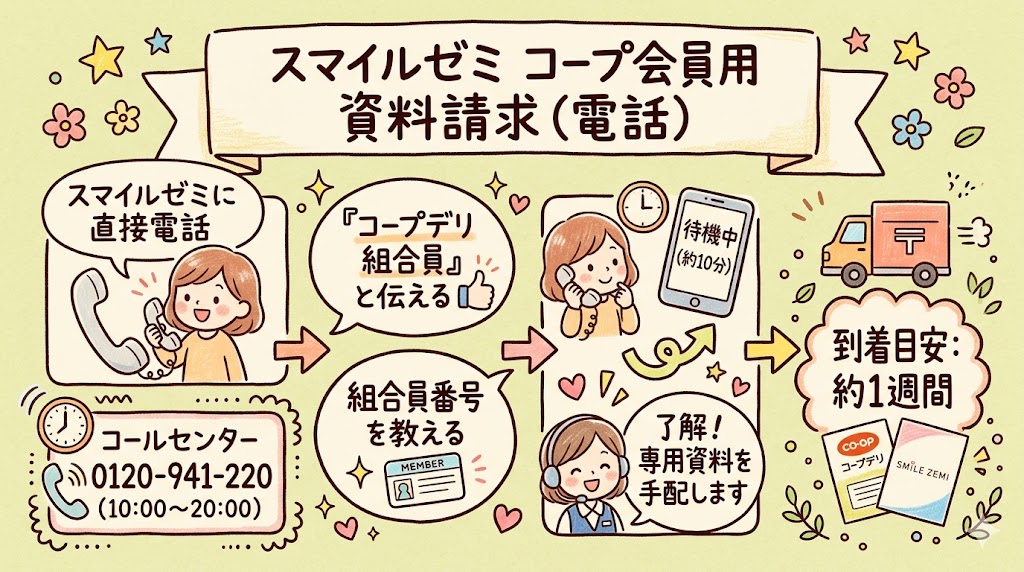 コープデリ経由でスマイルゼミに電話申し込みをする際の具体的な手順解説図