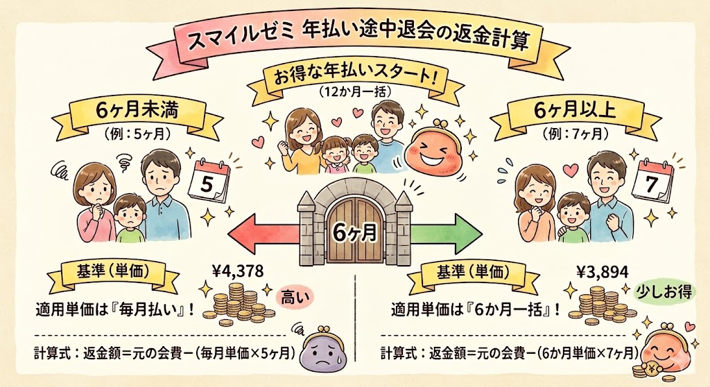 スマイルゼミ年払い途中退会時の返金計算を図解。6ヶ月を境に適用単価が変わる仕組みを説明しています。