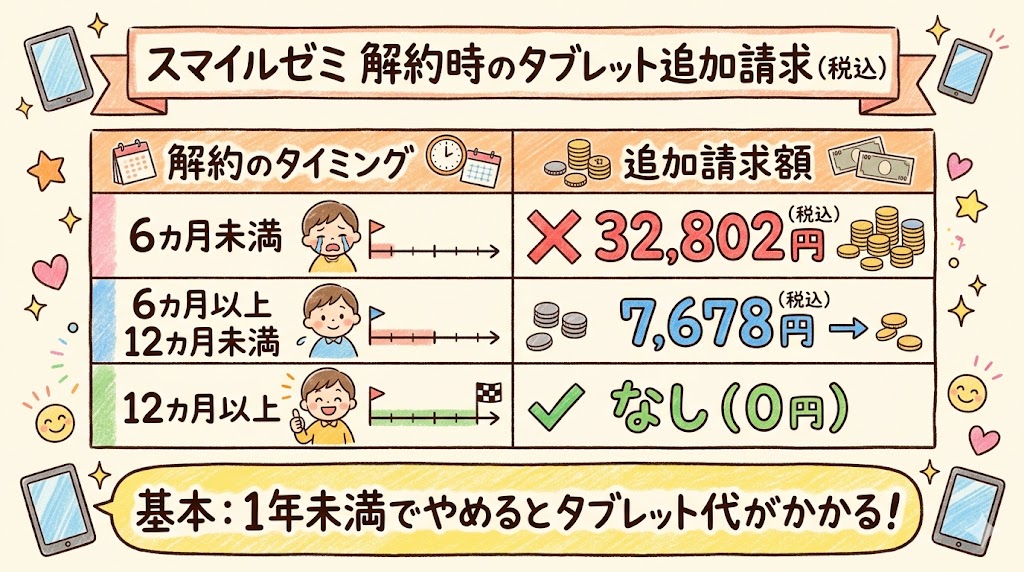 スマイルゼミを1年未満で解約した場合に発生するタブレット代の請求額の比較表
