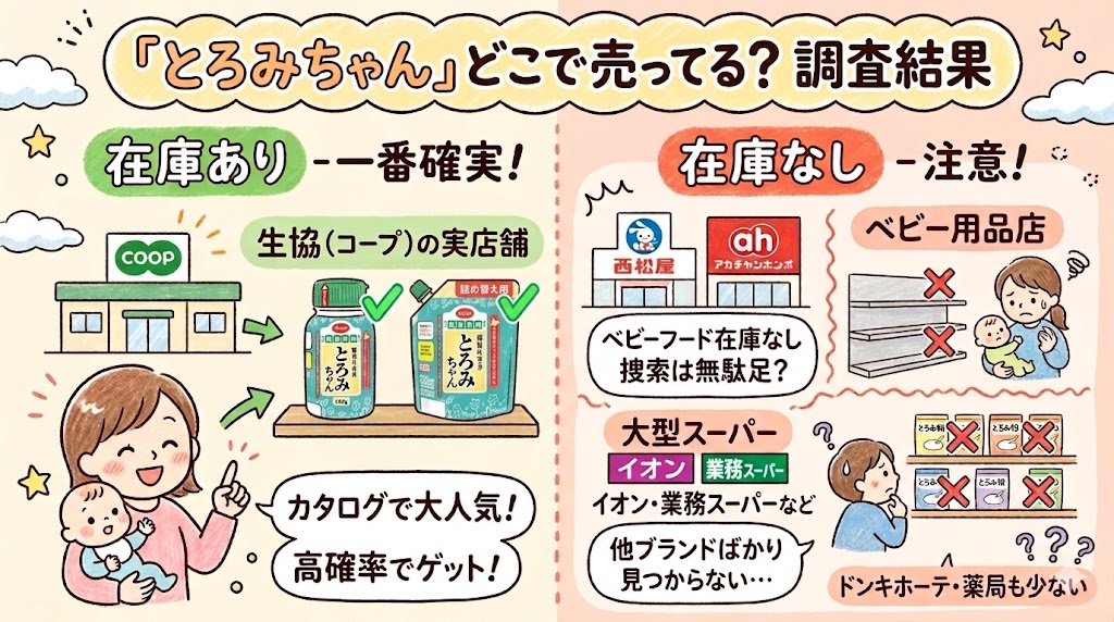 とろみちゃんがどこで売っているかの調査結果。生協の実店舗には在庫があるが、西松屋などのベビー用品店や大型スーパーには在庫がないことを示すイラスト。