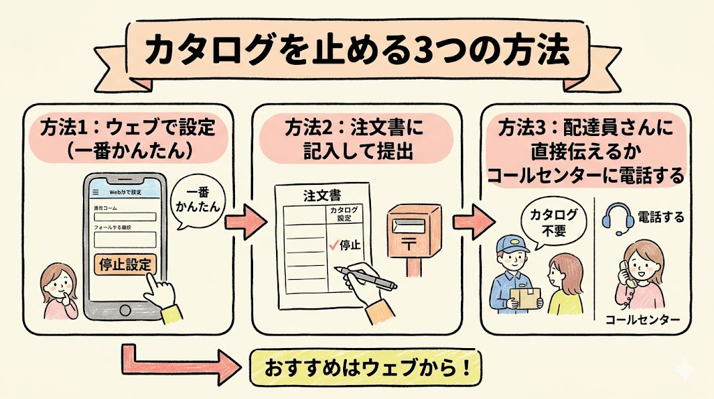 コープデリのカタログを止める3つの方法の図解