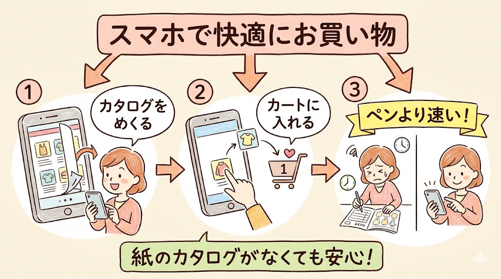 コープデリの紙カタログを止めてもスマホで簡単にお買い物できることを示す図解