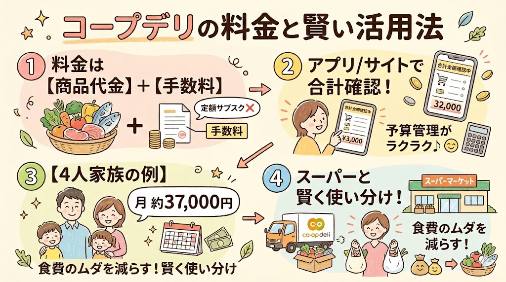 コープデリの料金体系と賢い活用法をまとめた手書き風の図解