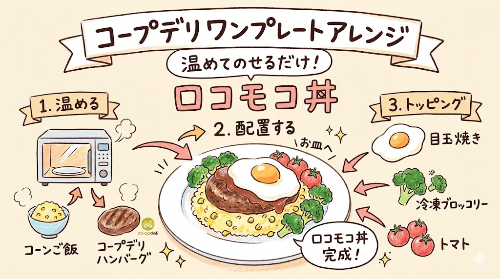 コープデリのハンバーグを使ったロコモコ丼の作り方手順イラスト
