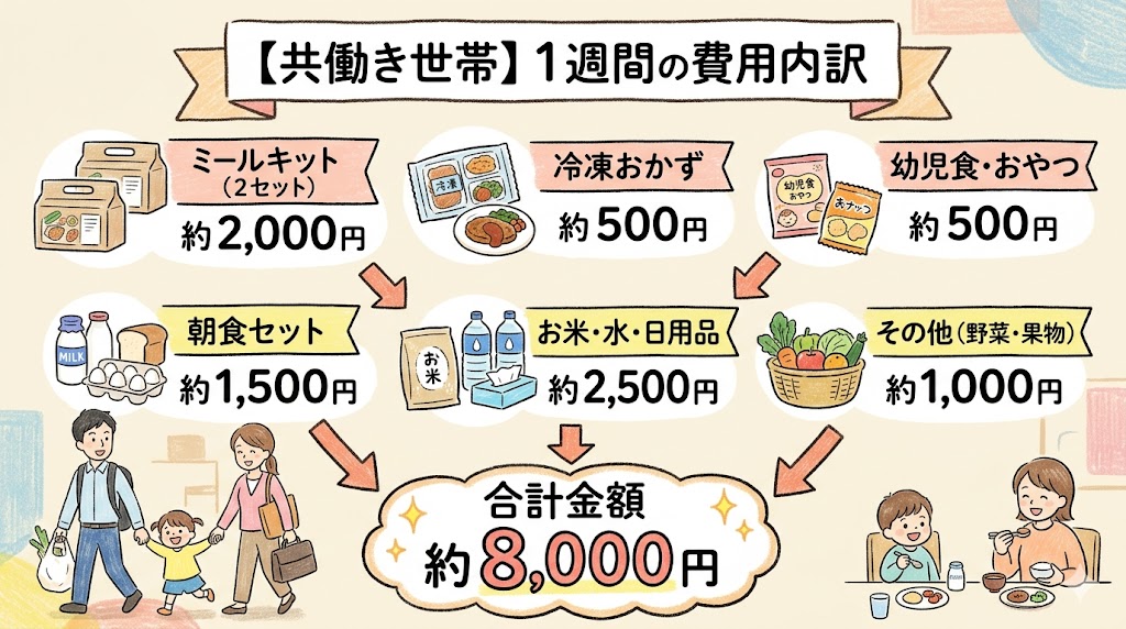 コープデリの月額シミュレーション：共働き・子育て世帯の1週間の費用内訳