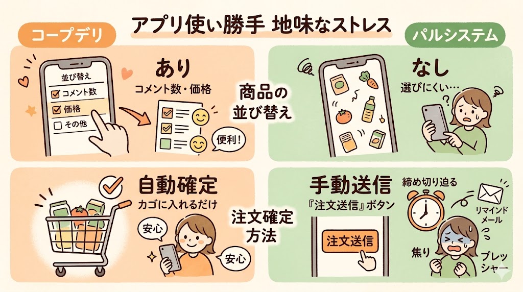 ープデリとパルシステムの違い（アプリ使い勝手編）。商品の並び替え機能の有無や、注文の自動確定機能など、注文アプリの利便性の違いを解説するイラスト。