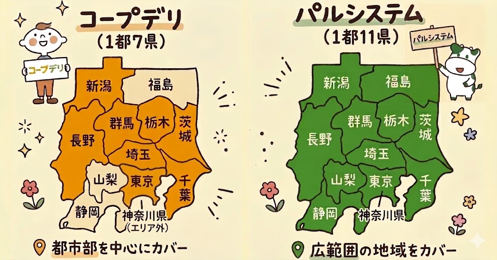コープデリとパルシステムの配達エリアの違いを比較した地図イラスト。コープデリは関東信越の1都7県、パルシステムは神奈川や静岡などを含めた1都11県をカバーしています。