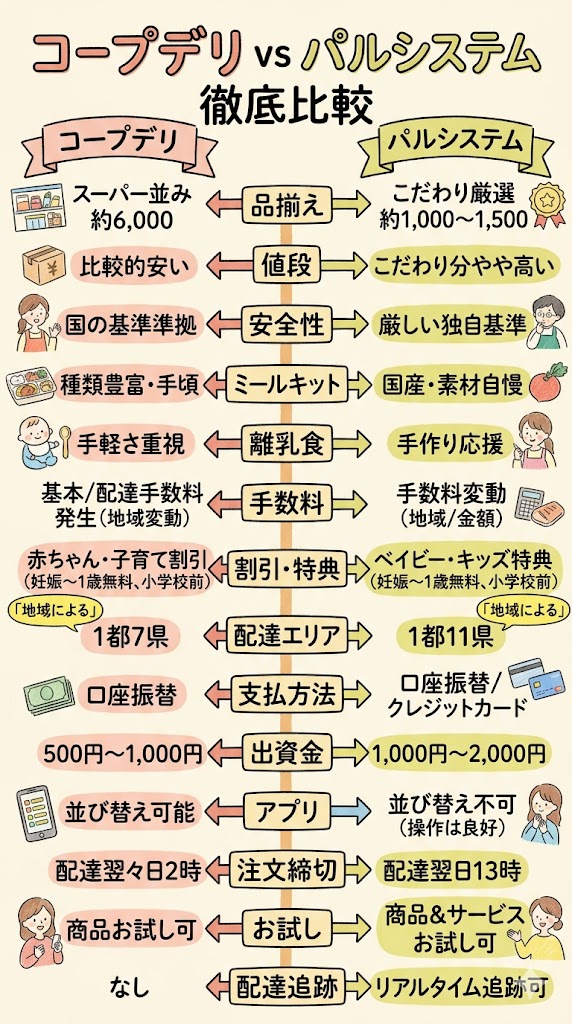コープデリとパルシステムの違いを一覧で徹底比較した表。品揃え、値段、安全性、ミールキット、離乳食、手数料、配達エリア、支払方法などの全13項目
