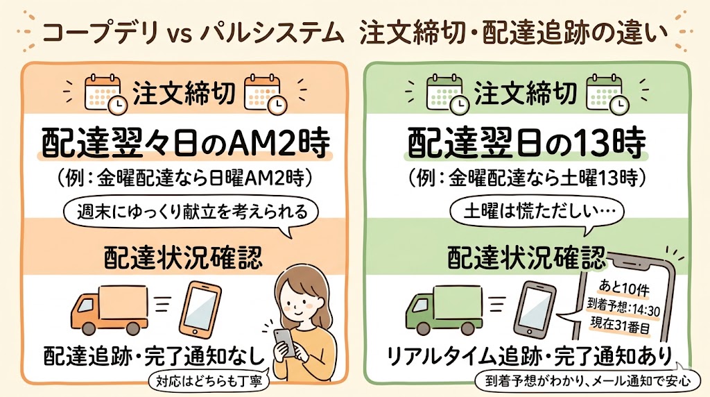 コープデリとパルシステムの違い（注文締切と配達追跡編）。配達翌々日の深夜締切で追跡なしのコープデリと、翌日昼締切でリアルタイム追跡が可能なパルシステムの比較。