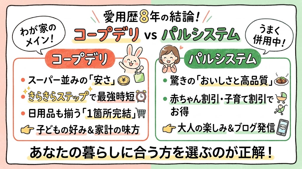 ープデリとパルシステムの違いと特徴。安さと時短のコープデリ、おいしさと品質重視のパルシステムのメリットを比較するイラスト。