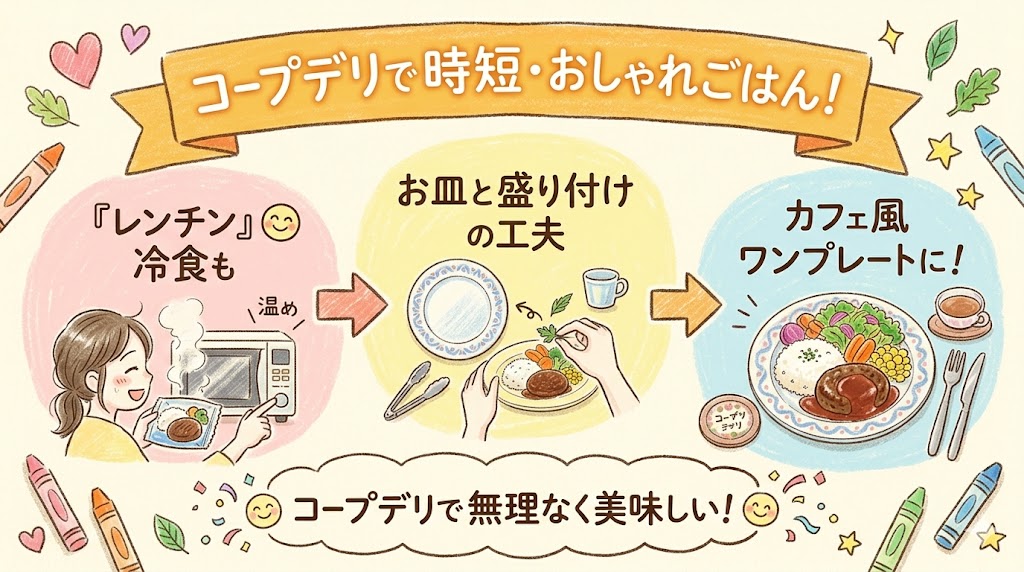 コープデリの冷凍食品をレンジで温めて盛り付けるだけでカフェ風ワンプレートが完成するイラスト