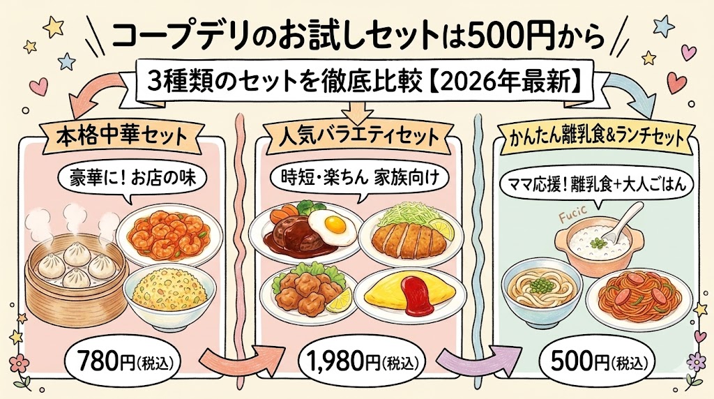 コープデリのお試しセット3種類（500円・780円・1,980円）を比較した2026年最新のアイキャッチ画像。500円からのセット内容を紹介
