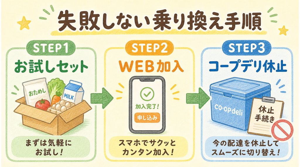 乗り換え手順を3ステップで説明するブログ用画像