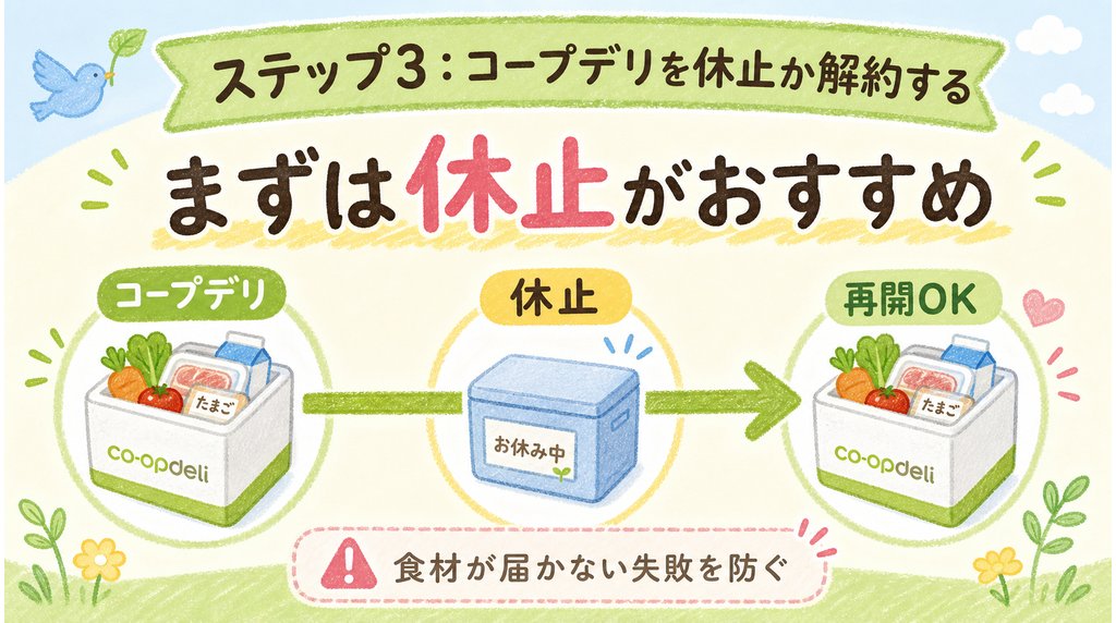 コープデリの休止や解約手続きを説明する画像
