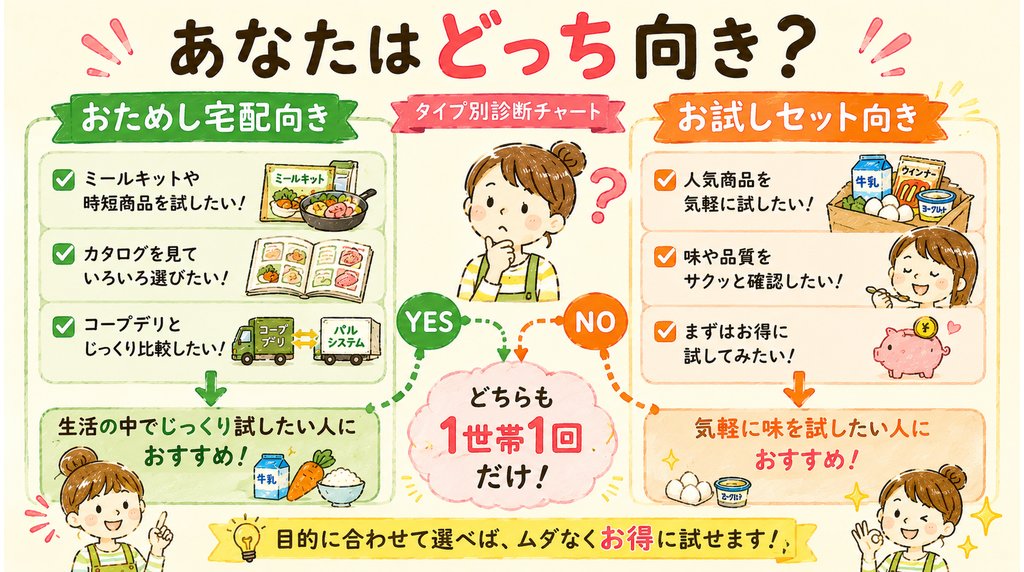 おためし宅配向きかお試しセット向きかをタイプ別に比較したブログ用画像