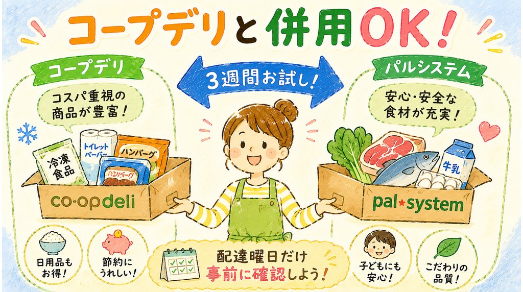 コープデリと併用しながらパルシステムを3週間試せることを紹介したブログ用画像
