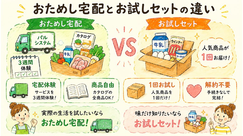おためし宅配とお試しセットの違いをやさしく整理したまとめ画像