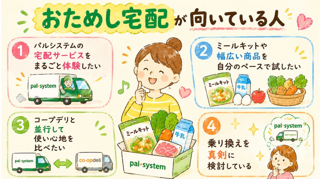 パルシステムのおためし宅配が向いている人の特徴を4つに分けて紹介したブログ用画像