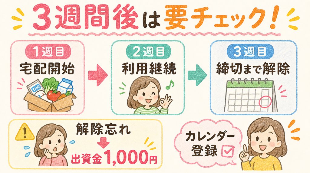 おためし宅配は3週間後までに解除手続きが必要な点を示したブログ用画像