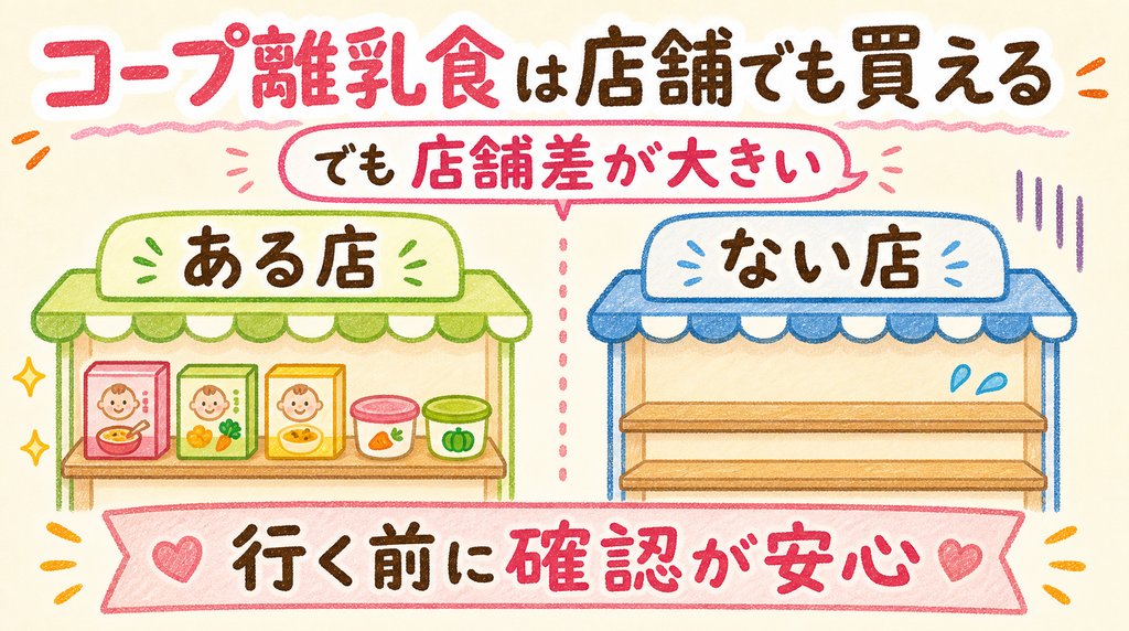 コープ離乳食は店舗でも買えるが店舗によって品ぞろえに差があることを説明した図解