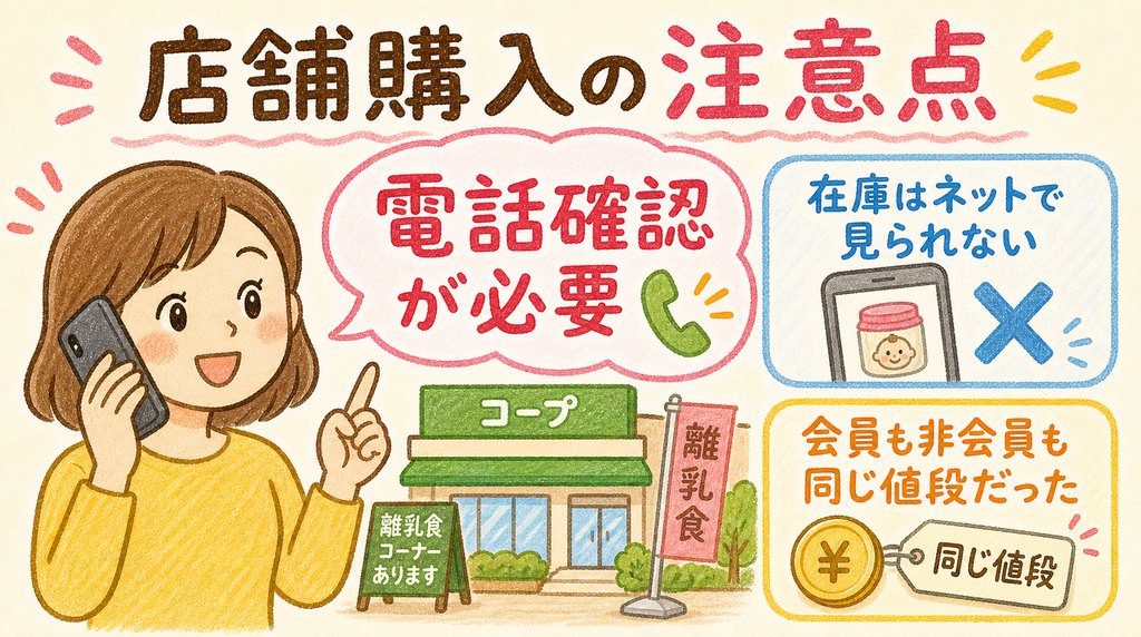 コープ離乳食を店舗で買う前に電話で在庫確認が必要なことを説明した図解