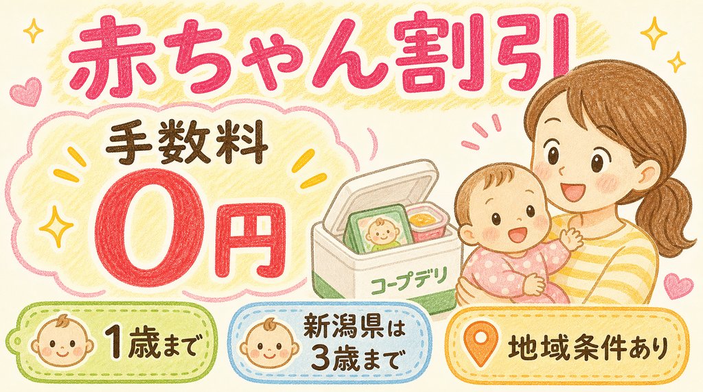 コープデリの赤ちゃん割引で手数料が無料になる場合があることを説明した図解