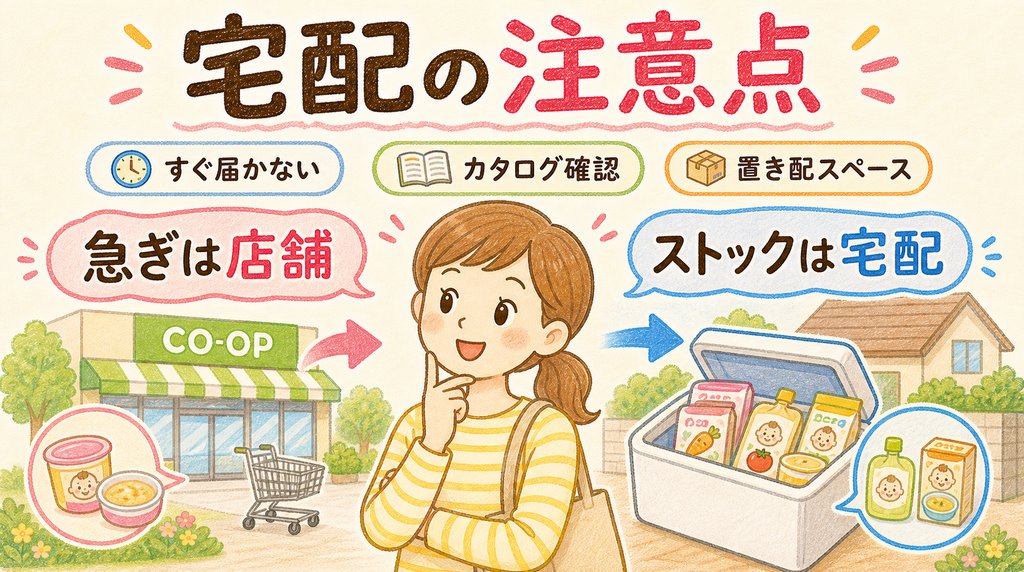 コープデリ宅配の注意点と店舗との使い分け方を説明した図解
