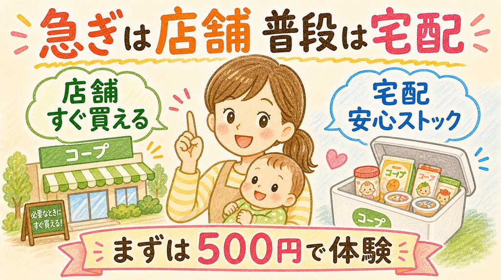 コープ離乳食は急ぎなら店舗、普段使いなら宅配がおすすめとまとめた図解