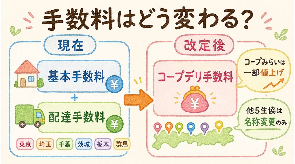 コープデリ手数料の変更内容:現行の基本手数料+配達手数料が「コープデリ手数料」に一本化。コープみらいは一部値上げ、他5生協は名称変更のみ