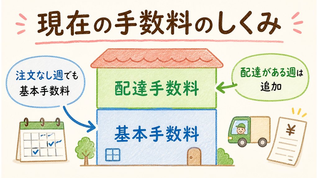 コープデリ現在の手数料のしくみ:基本手数料(注文なし週も発生)と配達手数料(配達週に追加)の2種類