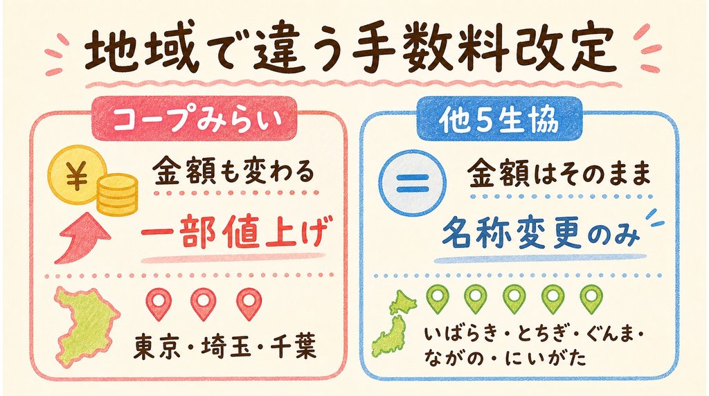 地域で違うコープデリ手数料改定:コープみらい(東京・埼玉・千葉)は一部値上げ、他5生協(いばらき・とちぎ・ぐんま・ながの・にいがた)は名称変更のみ