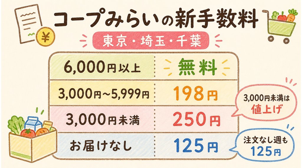コープみらい(東京・埼玉・千葉)の新手数料:注文6,000円以上は無料、3,000〜5,999円は198円、3,000円未満は250円、お届けなし週は125円
