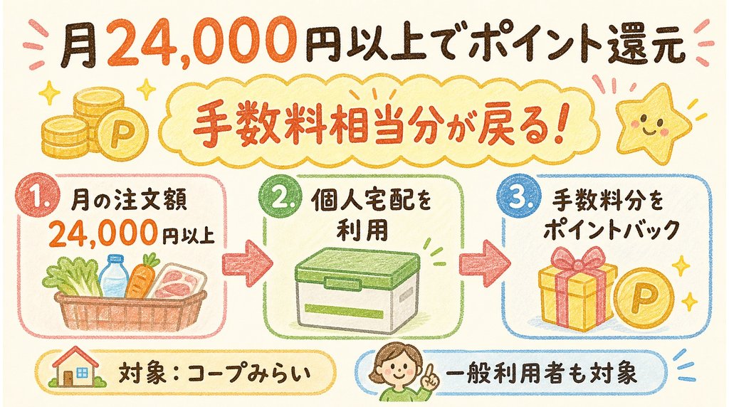 コープデリ(コープみらい)のポイントバック:月24,000円以上の注文かつ個人宅配利用で手数料相当分がポイント還元