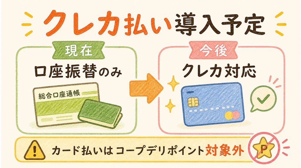 コープデリのクレジットカード払い導入予定:現行の口座振替のみからクレカ対応へ。ただしカード払いはコープデリポイントの対象外