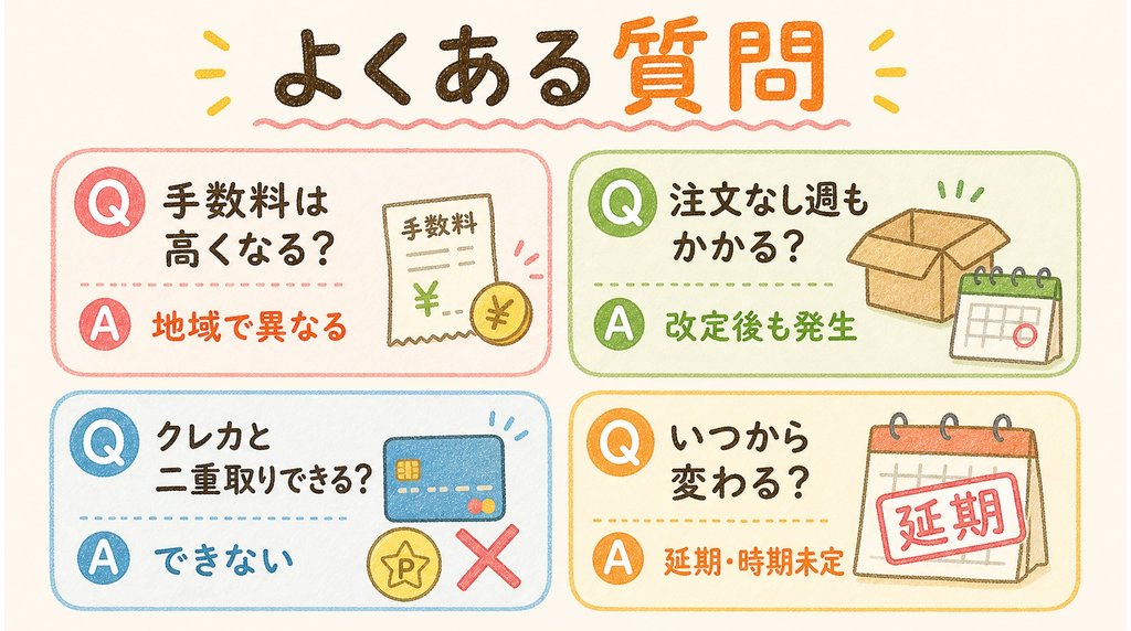 コープデリ2026年改定のよくある質問:手数料変化は地域で異なる・注文なし週の手数料は改定後も継続・クレカとポイントの二重取り不可・実施時期は延期で未定