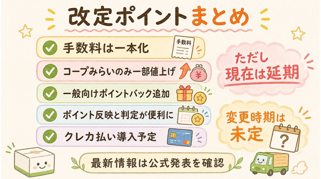コープデリ2026年改定ポイントまとめ:手数料一本化・コープみらいのみ一部値上げ・ポイントバック追加・ポイント即時反映・クレカ払い導入(いずれも現在延期中)