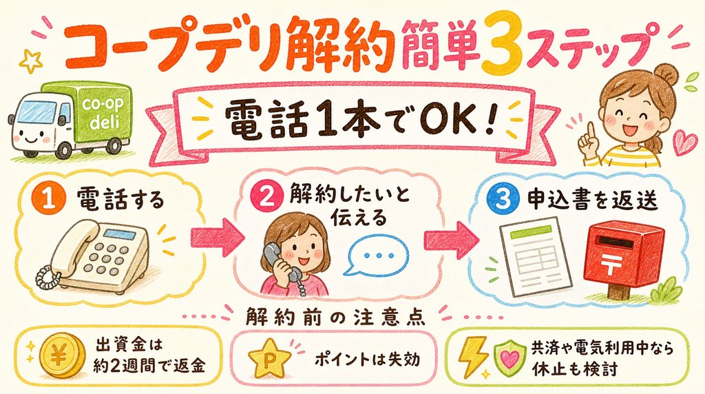 コープデリ解約の流れを電話1本から申込書返送まで3ステップでまとめた図解
