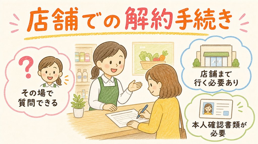 店舗でコープデリの解約手続きをする場合のポイントをまとめた図解