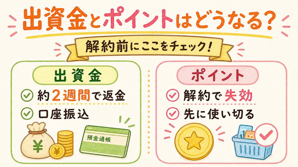 コープデリ解約時の出資金返金とポイント失効を比較した図解