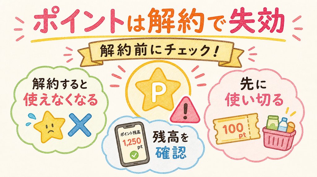 コープデリのポイントは解約で失効するため事前確認が必要なことを示す図解