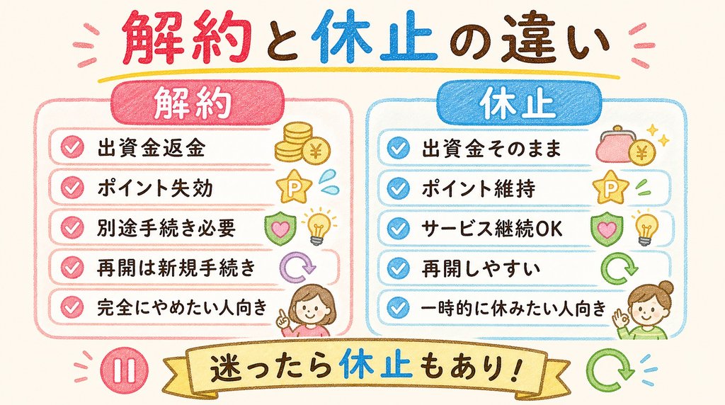 コープデリの解約と休止の違いを比較した図解