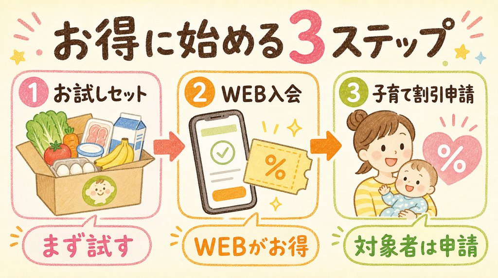 コープデリをお得に始める3ステップをまとめた図解